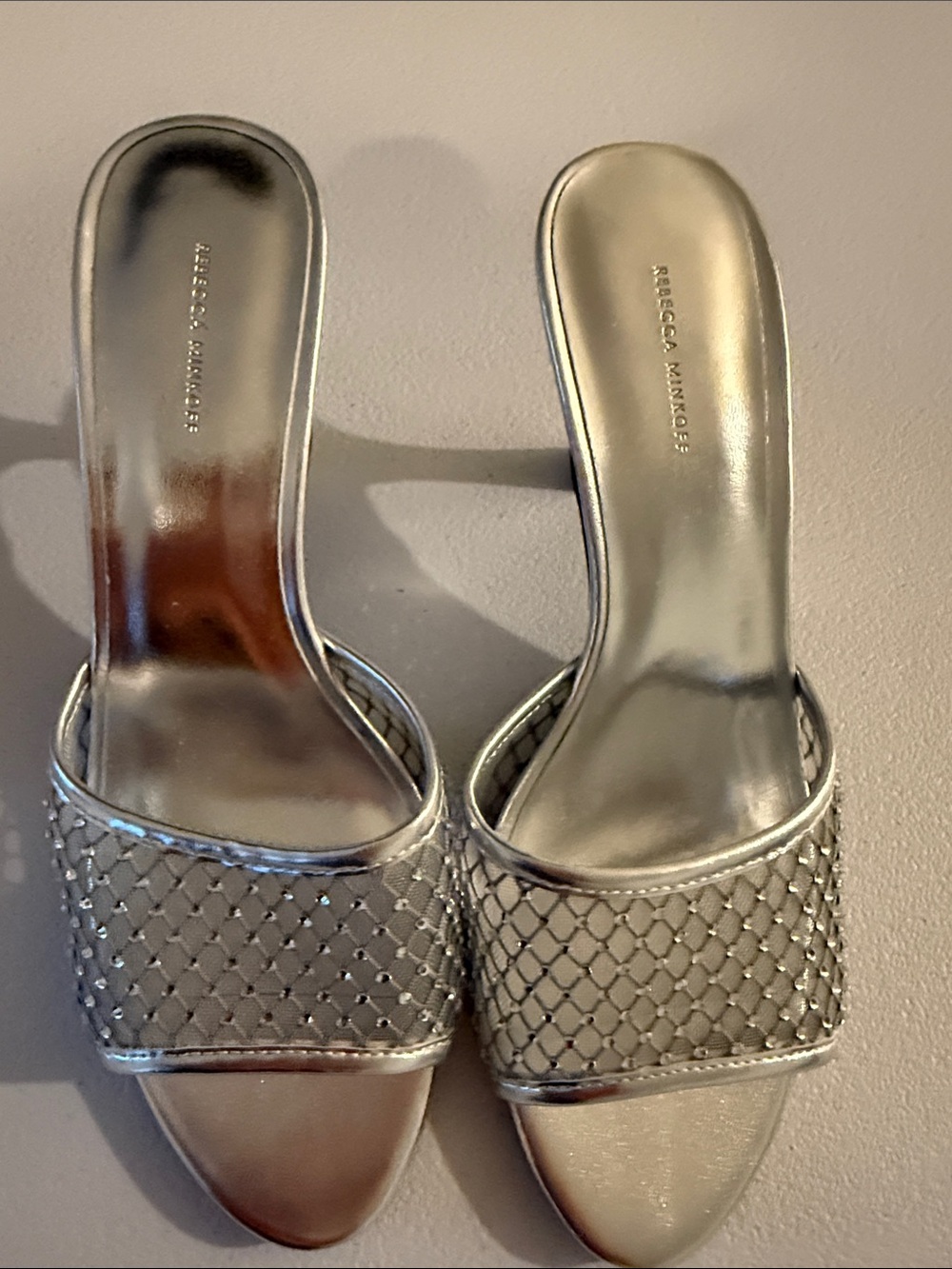 Rebecca Minkoff Metallic Silver Woven Slide Mules